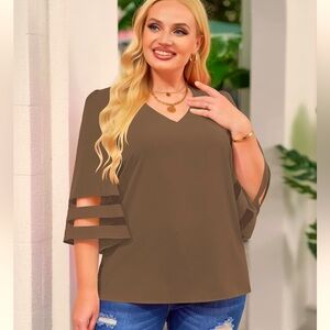 V Neck Mesh Panel Blouse 3/4 Bell Sleeve Loose Top Shirt Blouse Size Medium